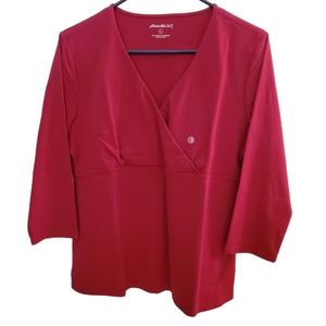 Wrap T-shirt Blouse 3-quart length arm Rose Mauve Red Size L Eddie Bauer V neck